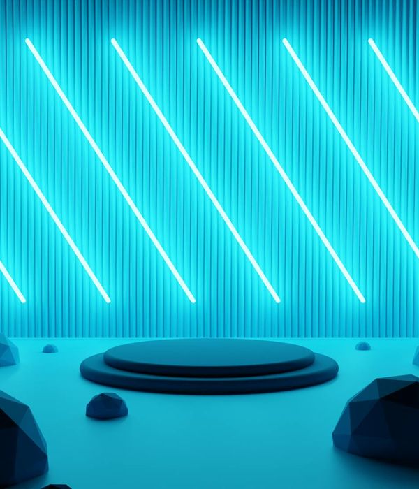 Abstract glowing geometric blue shapes in dark space